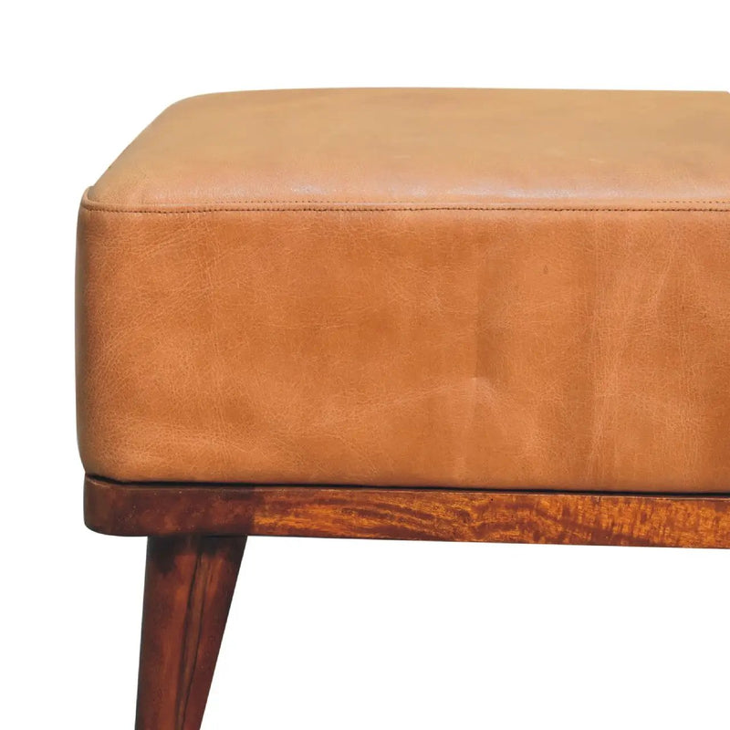 Tan Buffalo Leather Footstool, Upholstered, Nordic Legs by HouseOfZazla