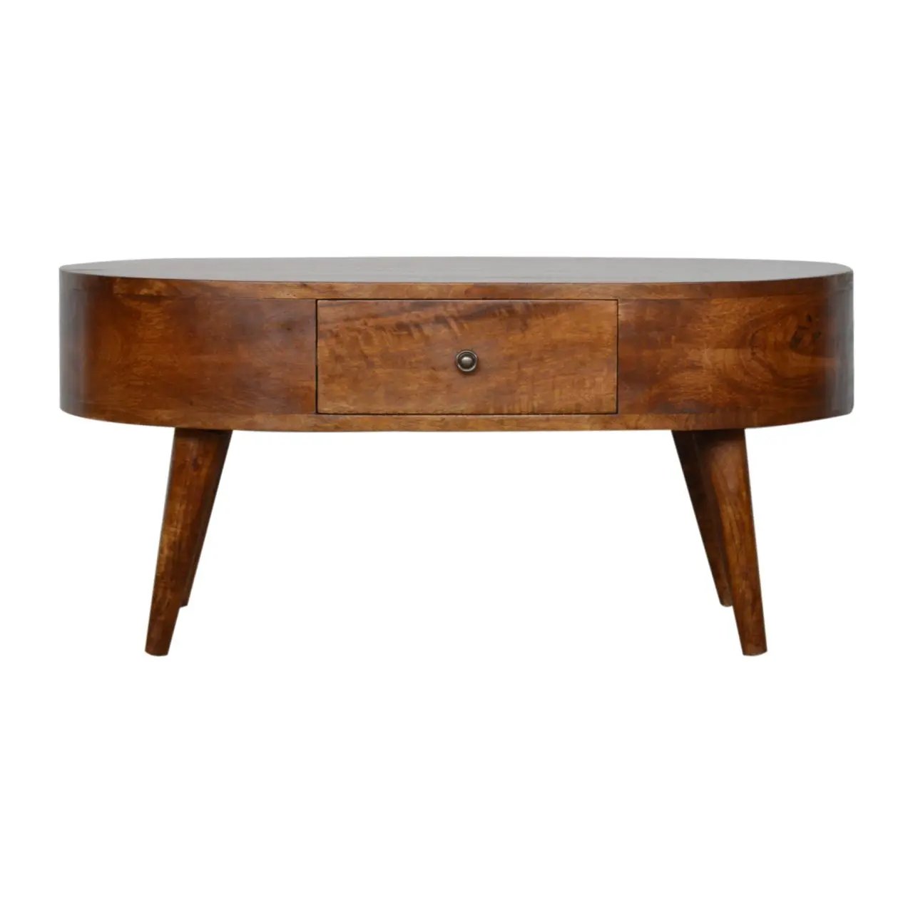 Chestnut Rounded Coffee Table, Nordic Legs, 2-Drawers by HouseOfZazla