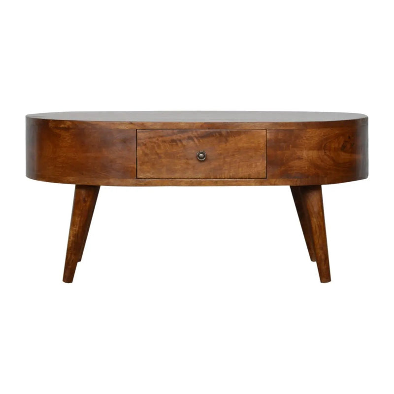 Chestnut Rounded Coffee Table, Nordic Legs, 2-Drawers by HouseOfZazla