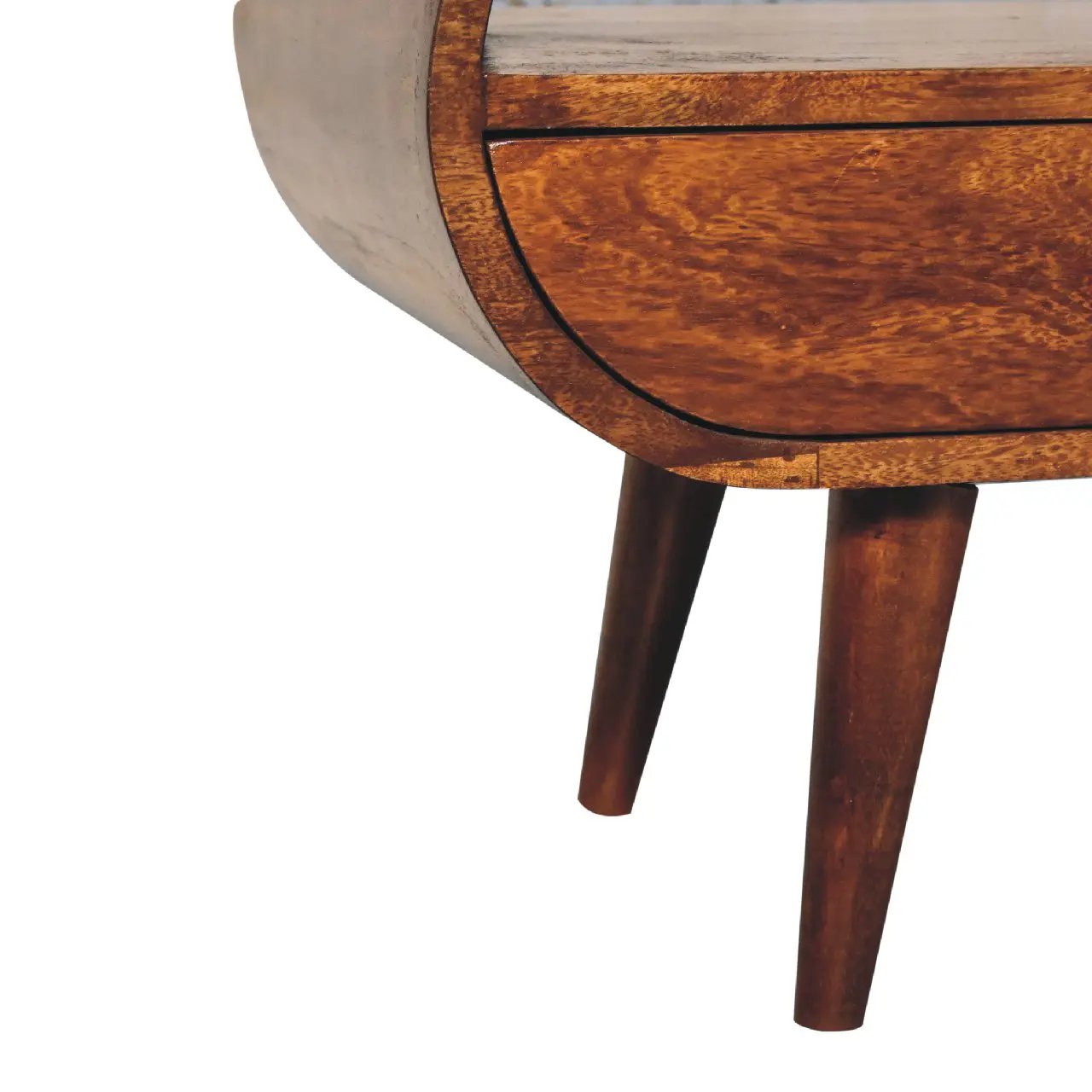 Chestnut Circular TV Stand, 2-Drawers, Open Slot, Nordic Legs by HouseOfZazla