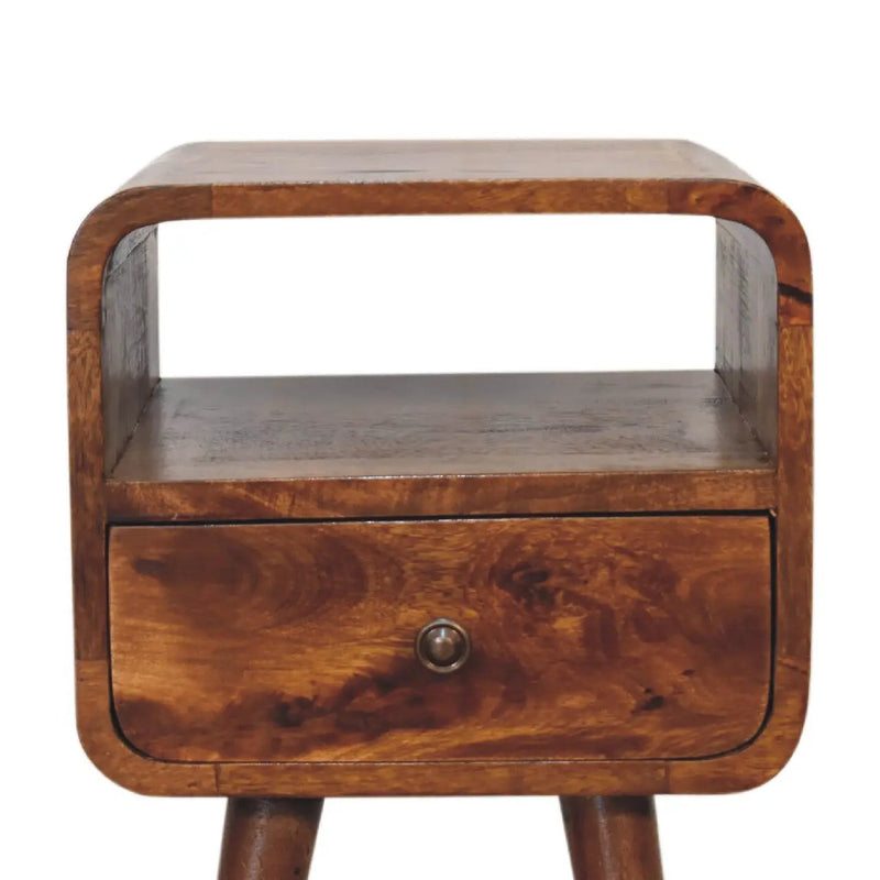 Solid Wood Mini Curve Bedside, 1-Drawer, 1 Open Slot, Chestnut by HouseOfZazla