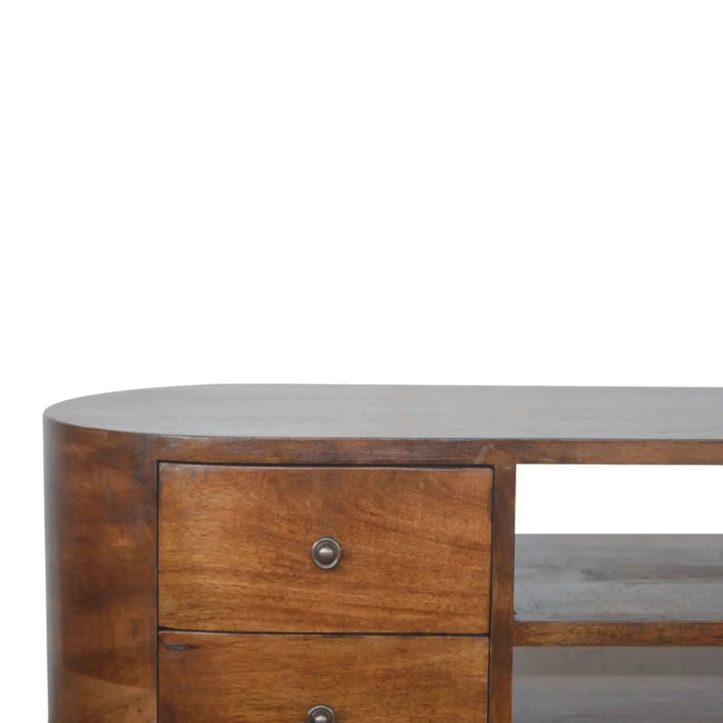Chestnut Rounded Entertainment Unit, Nordic Legs, 4-Drawers, 2 Open Slot by HouseOfZazla