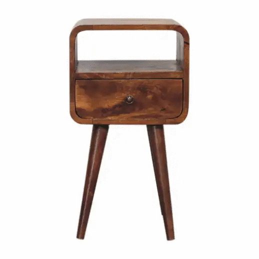 Solid Wood Mini Curve Bedside, 1-Drawer, 1 Open Slot, Chestnut by HouseOfZazla