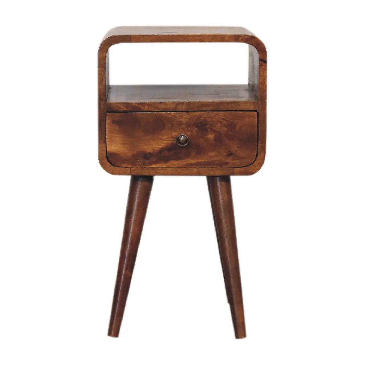 Solid Wood Mini Curve Bedside, 1-Drawer, 1 Open Slot, Chestnut by HouseOfZazla