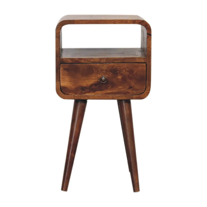 Solid Wood Mini Curve Bedside, 1-Drawer, 1 Open Slot, Chestnut by HouseOfZazla