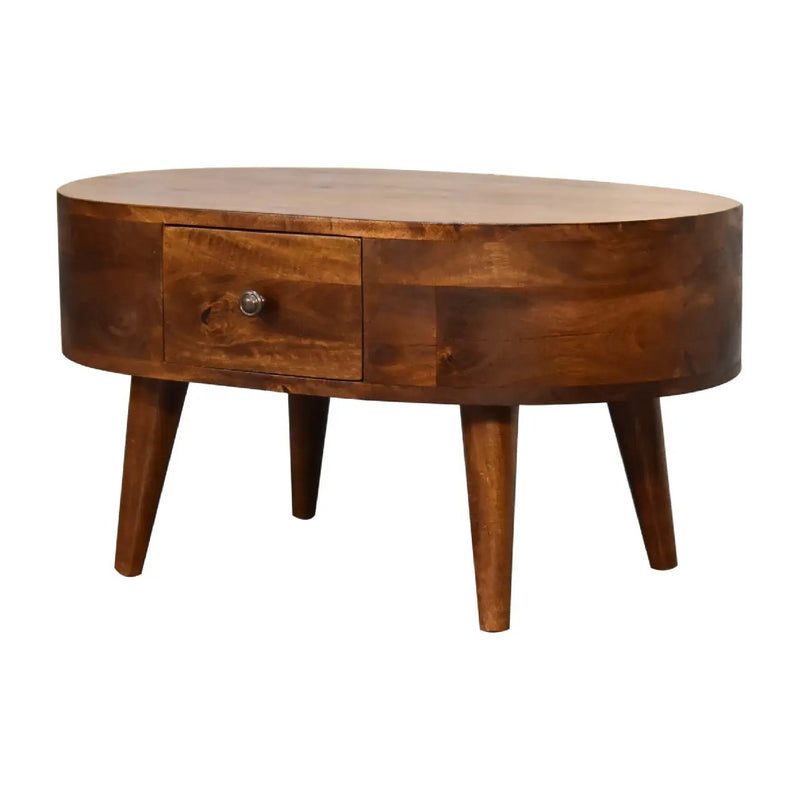Solid Wood Mini Chestnut Rounded Coffee Table, 2-Drawers by HouseOfZazla