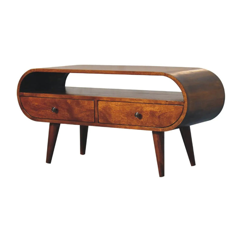 Chestnut Circular TV Stand, 2-Drawers, Open Slot, Nordic Legs by HouseOfZazla