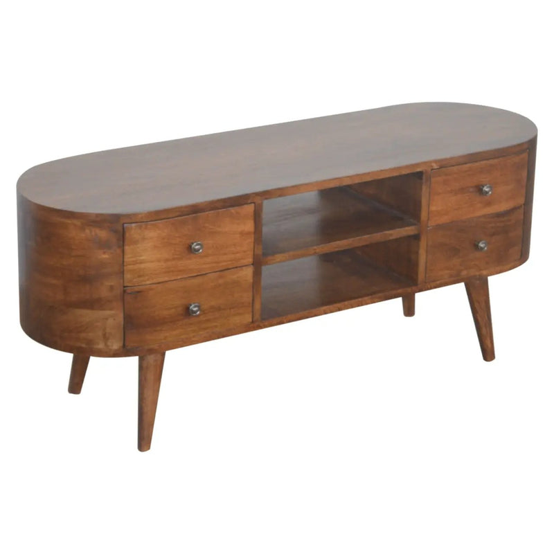 Chestnut Rounded Entertainment Unit, Nordic Legs, 4-Drawers, 2 Open Slot by HouseOfZazla