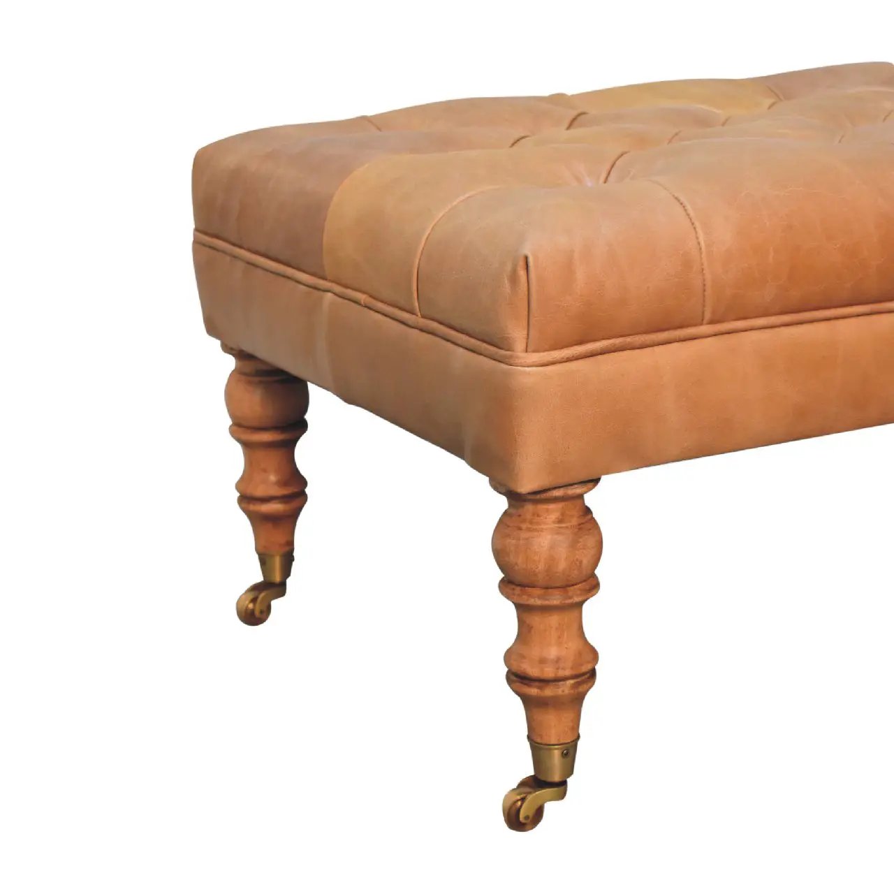 Solid Wood Buffalo Leather Ottoman with Castor Legs by HouseOfZazla