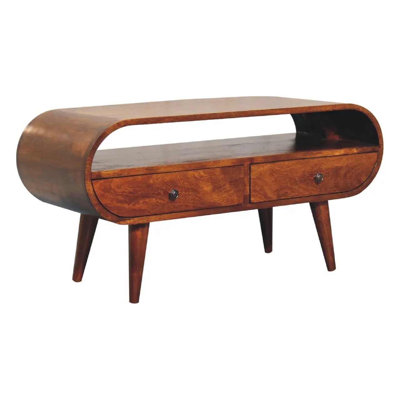 Chestnut Circular TV Stand, 2-Drawers, Open Slot, Nordic Legs by HouseOfZazla