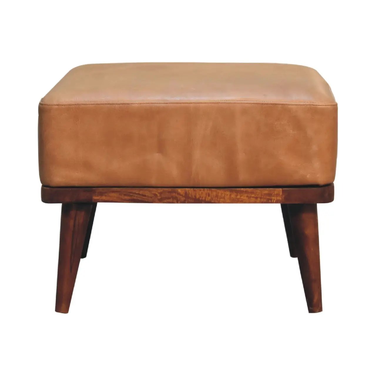 Tan Buffalo Leather Footstool, Upholstered, Nordic Legs by HouseOfZazla