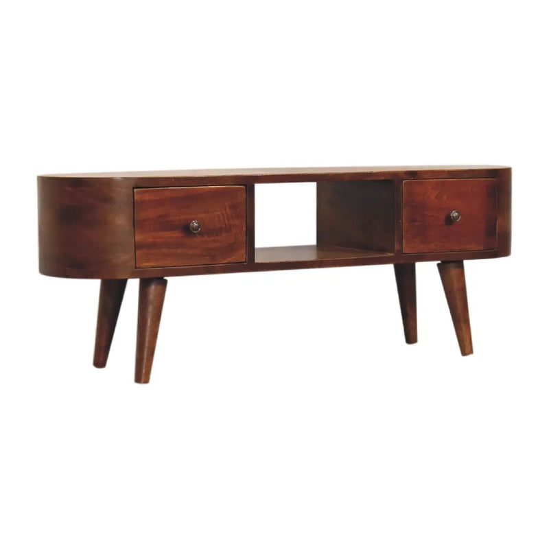 Chestnut Round Open Media Unit, 2-Drawers, 1 Open Slot by HouseOfZazla
