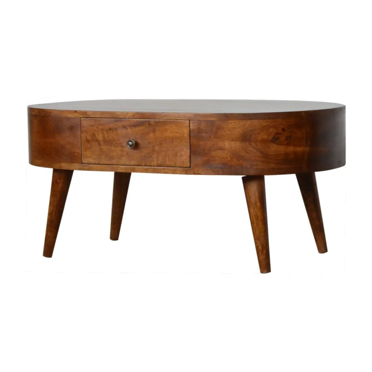 Chestnut Rounded Coffee Table, Nordic Legs, 2-Drawers by HouseOfZazla
