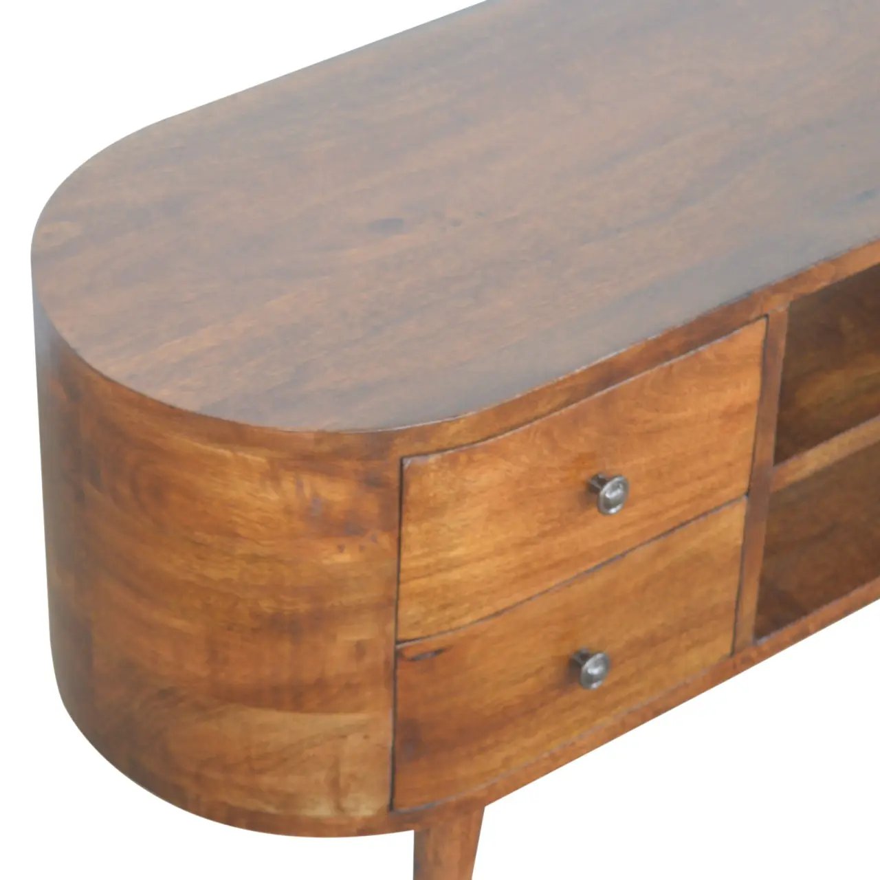 Chestnut Rounded Entertainment Unit, Nordic Legs, 4-Drawers, 2 Open Slot by HouseOfZazla