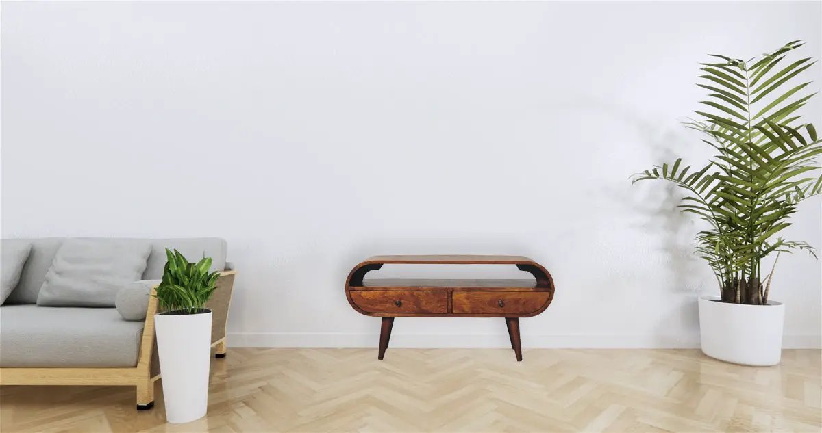 Chestnut Circular TV Stand, 2-Drawers, Open Slot, Nordic Legs by HouseOfZazla