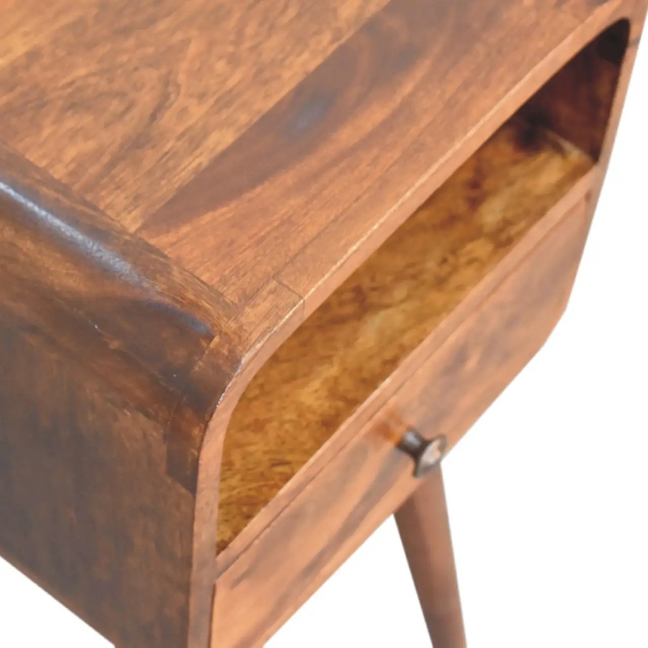 Solid Wood Mini Curve Bedside, 1-Drawer, 1 Open Slot, Chestnut by HouseOfZazla