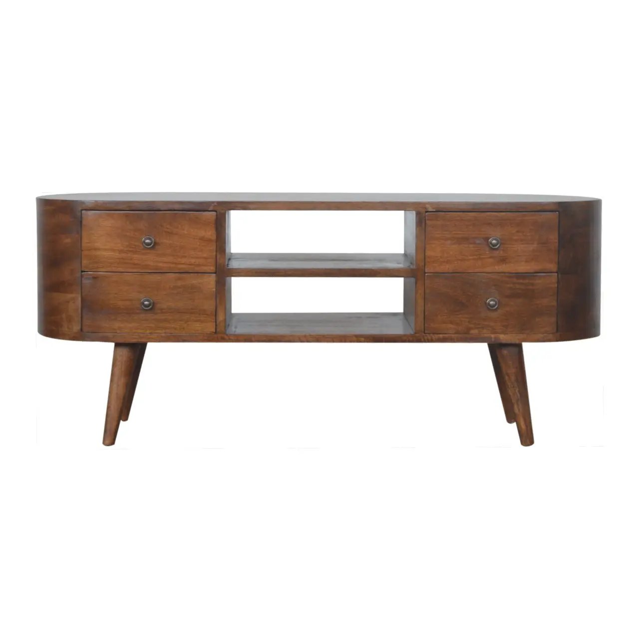 Chestnut Rounded Entertainment Unit, Nordic Legs, 4-Drawers, 2 Open Slot by HouseOfZazla