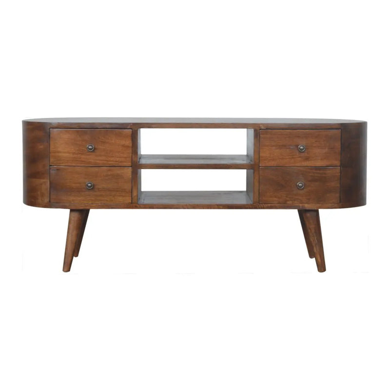 Chestnut Rounded Entertainment Unit, Nordic Legs, 4-Drawers, 2 Open Slot by HouseOfZazla