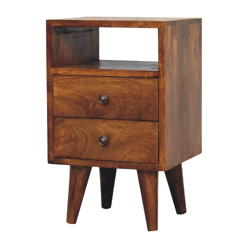 Solid Wood Mini Classic Chestnut Bedside, 2-Drawers, 1 Open Slot, Nordic Legs by HouseOfZazla