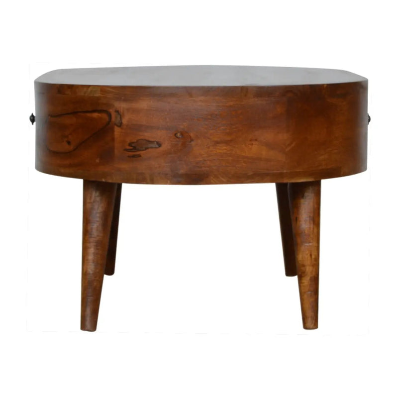 Chestnut Rounded Coffee Table, Nordic Legs, 2-Drawers by HouseOfZazla