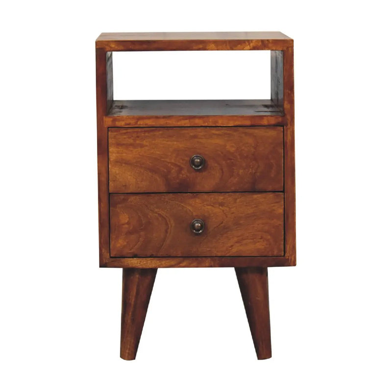 Solid Wood Mini Classic Chestnut Bedside, 2-Drawers, 1 Open Slot, Nordic Legs by HouseOfZazla