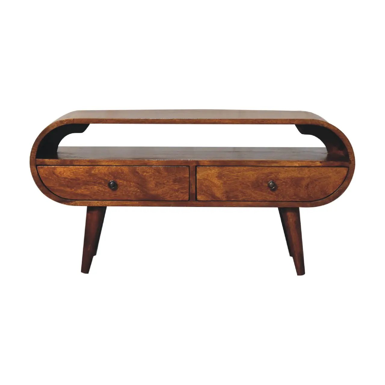 Chestnut Circular TV Stand, 2-Drawers, Open Slot, Nordic Legs by HouseOfZazla