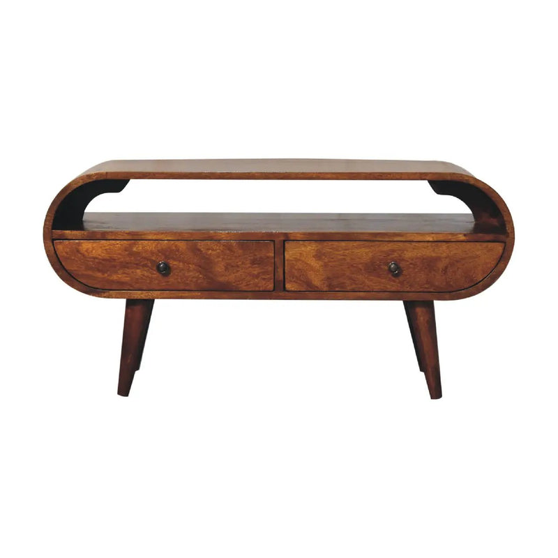 Chestnut Circular TV Stand, 2-Drawers, Open Slot, Nordic Legs by HouseOfZazla