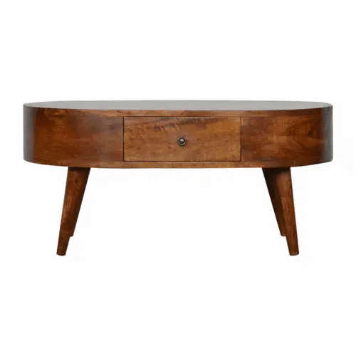 Chestnut Rounded Coffee Table, Nordic Legs, 2-Drawers by HouseOfZazla
