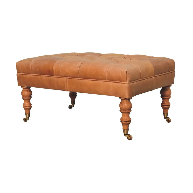 Solid Wood Buffalo Leather Ottoman with Castor Legs by HouseOfZazla