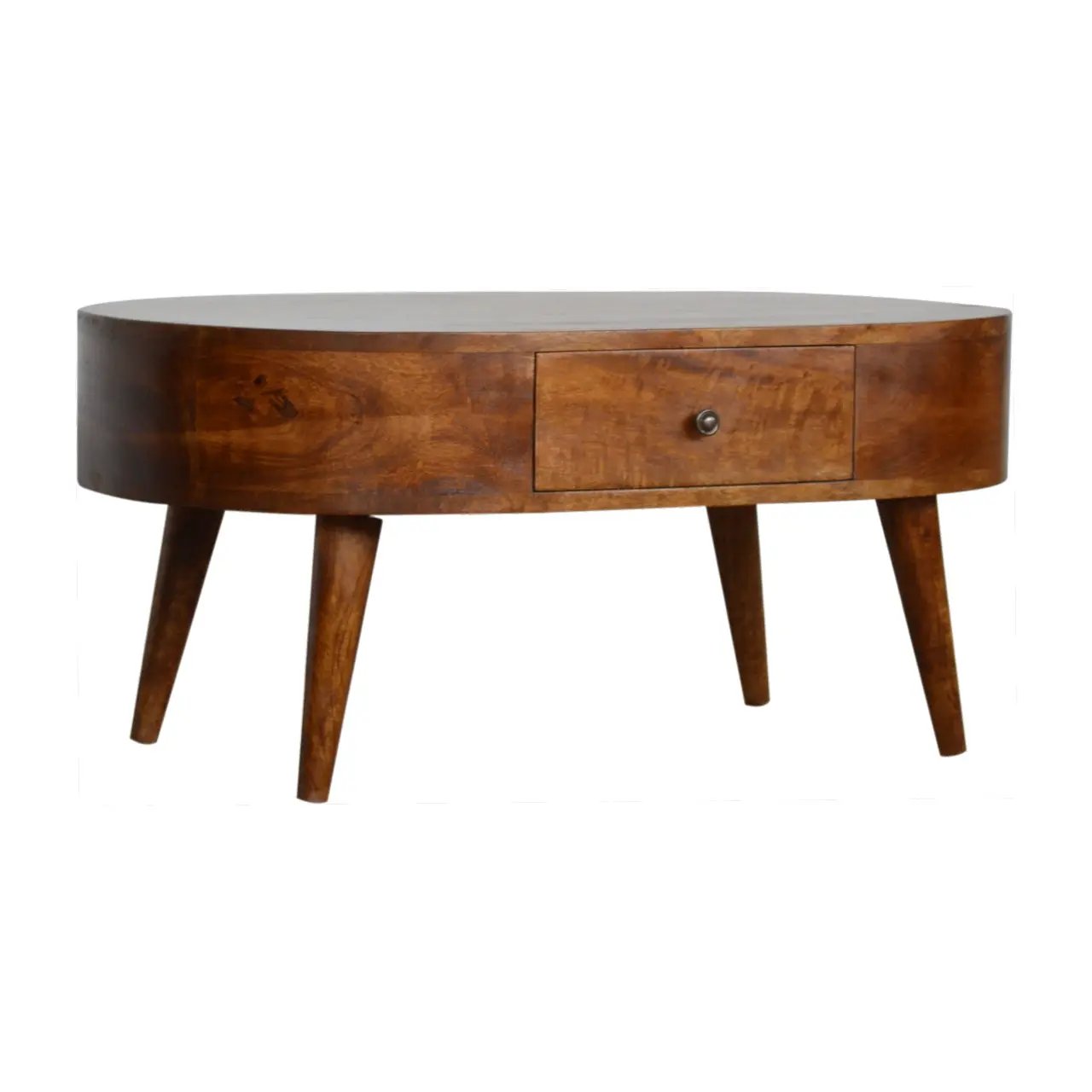 Chestnut Rounded Coffee Table, Nordic Legs, 2-Drawers by HouseOfZazla