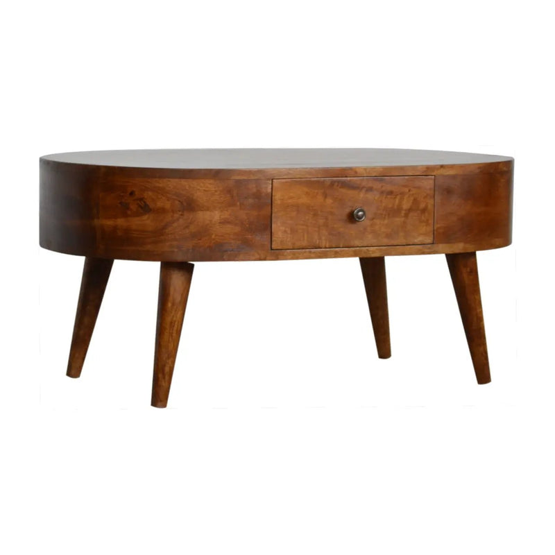 Chestnut Rounded Coffee Table, Nordic Legs, 2-Drawers by HouseOfZazla
