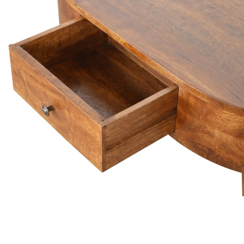 Chestnut Rounded Coffee Table, Nordic Legs, 2-Drawers by HouseOfZazla