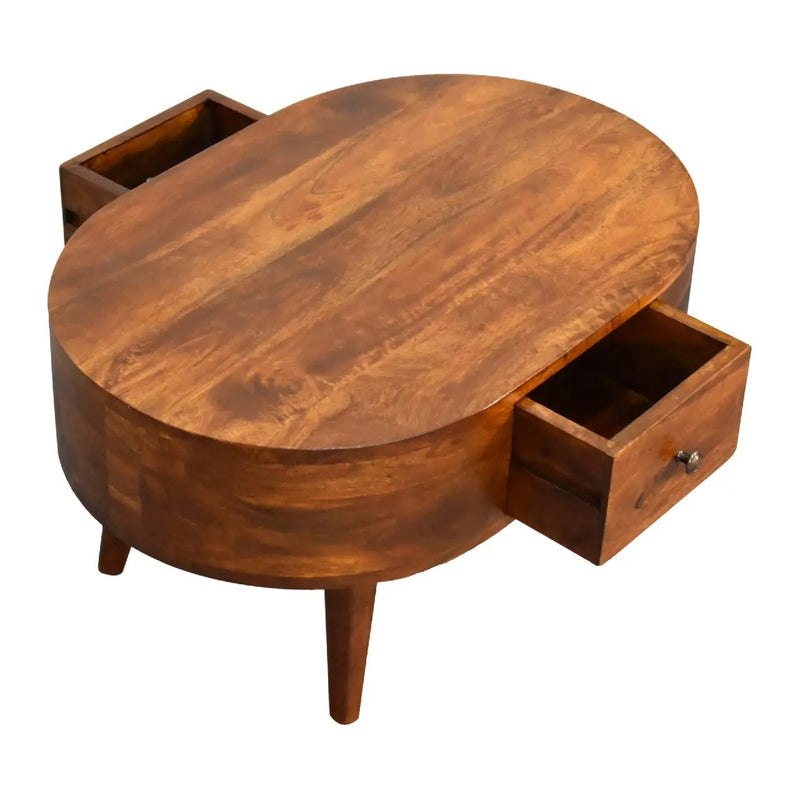 Solid Wood Mini Chestnut Rounded Coffee Table, 2-Drawers by HouseOfZazla