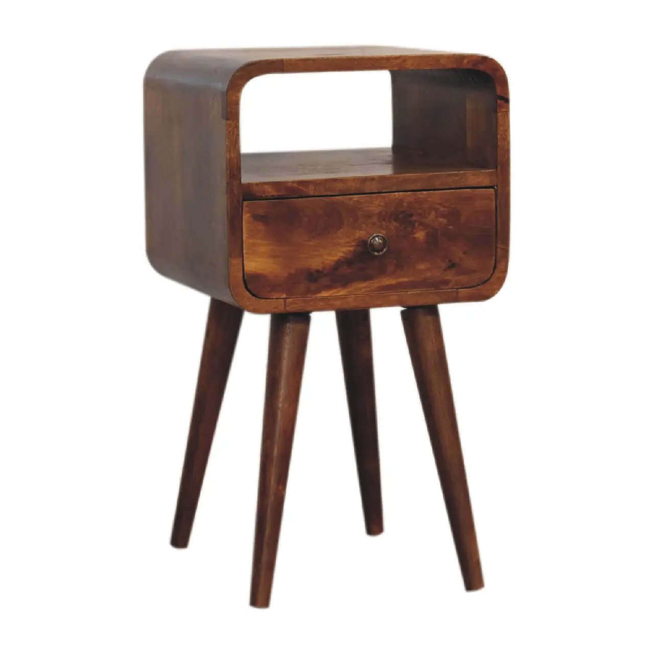 Solid Wood Mini Curve Bedside, 1-Drawer, 1 Open Slot, Chestnut by HouseOfZazla