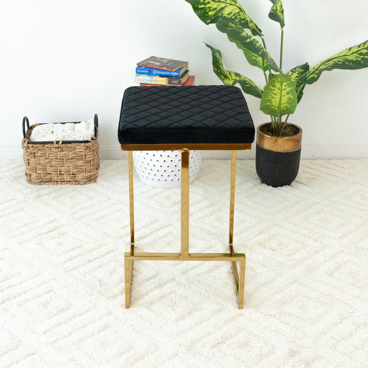 Mid Century Modern Luxury Upholstered Stool with Velvet – Charcoal, photo 3 of 4