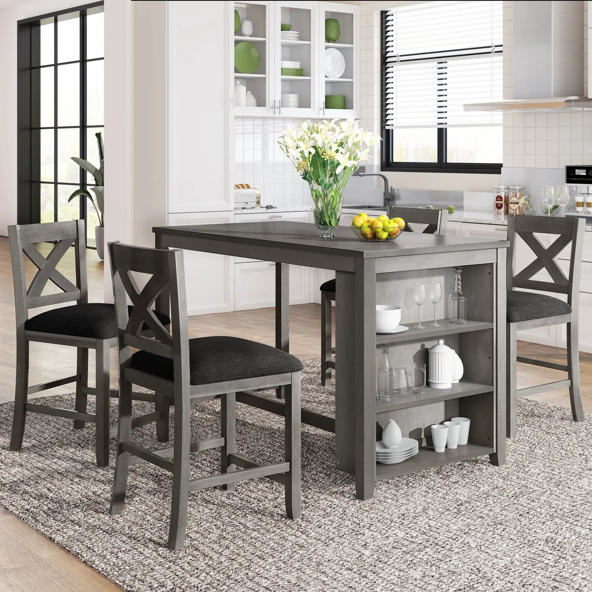 TOPMAX 5 Pieces Counter Height Rustic Farmhouse Dining Room Wooden Bar Table Set with 4 Chairs, Gray by HouseOfZazla
