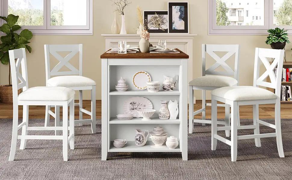 TOPMAX 5 Pieces Counter Height Rustic Farmhouse Dining Room Wooden Bar Table Set with 4 Chairs, White by HouseOfZazla