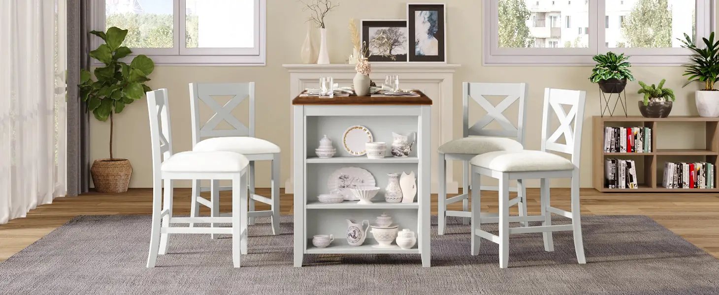 TOPMAX 5 Pieces Counter Height Rustic Farmhouse Dining Room Wooden Bar Table Set with 4 Chairs, White by HouseOfZazla