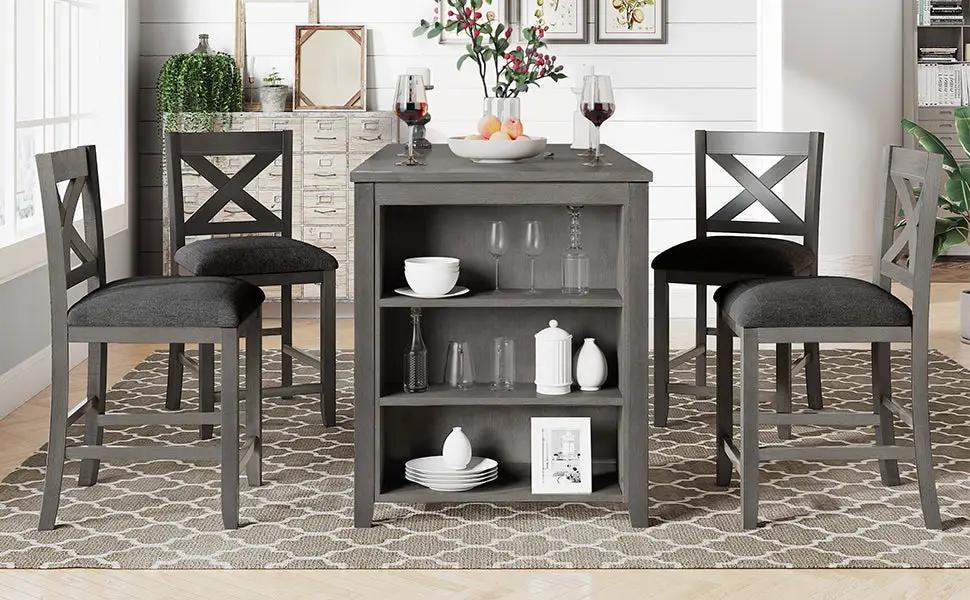 TOPMAX 5 Pieces Counter Height Rustic Farmhouse Dining Room Wooden Bar Table Set with 4 Chairs, Gray by HouseOfZazla