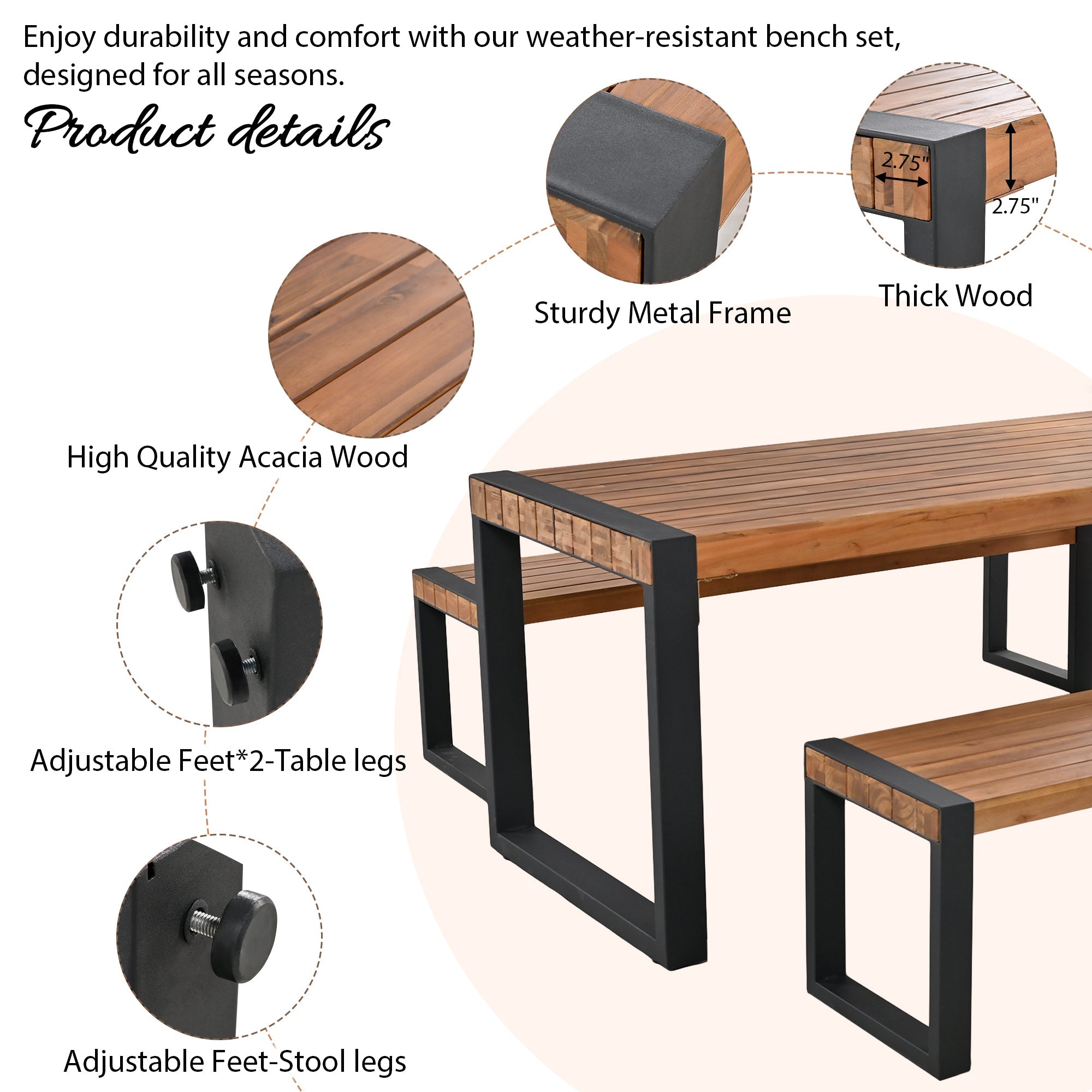 GO 3-Pieces Outdoor Dining Table With 2 Benches by HouseOfZazla