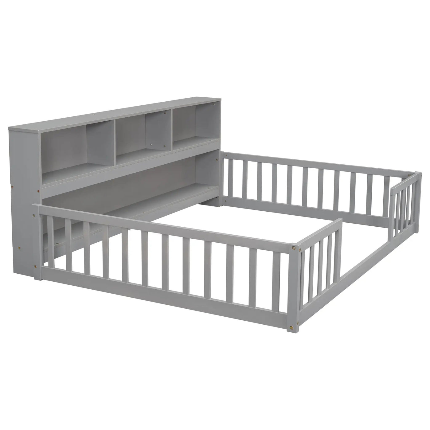 Full Floor Bed with Side Bookcase, Shelves, Guardrails by HouseOfZazla