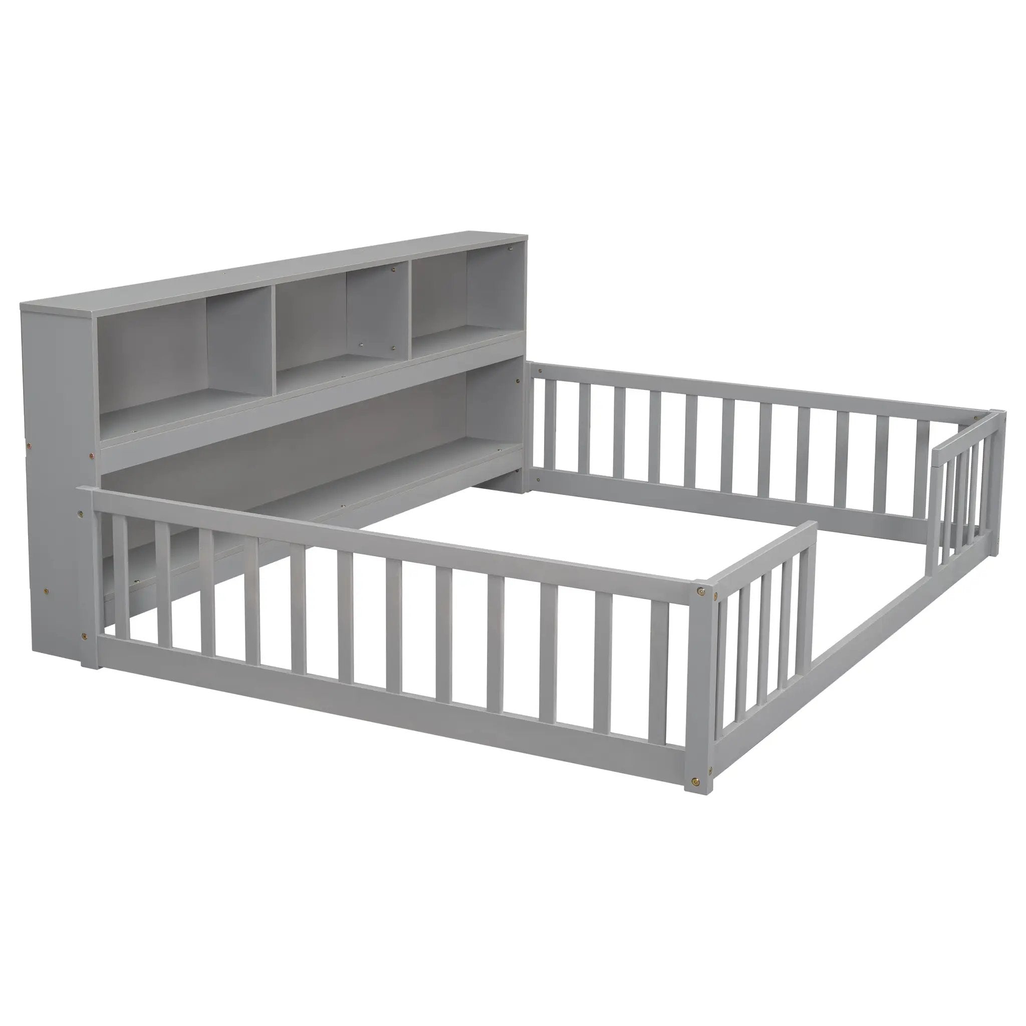 Full Floor Bed with Side Bookcase, Shelves, Guardrails by HouseOfZazla