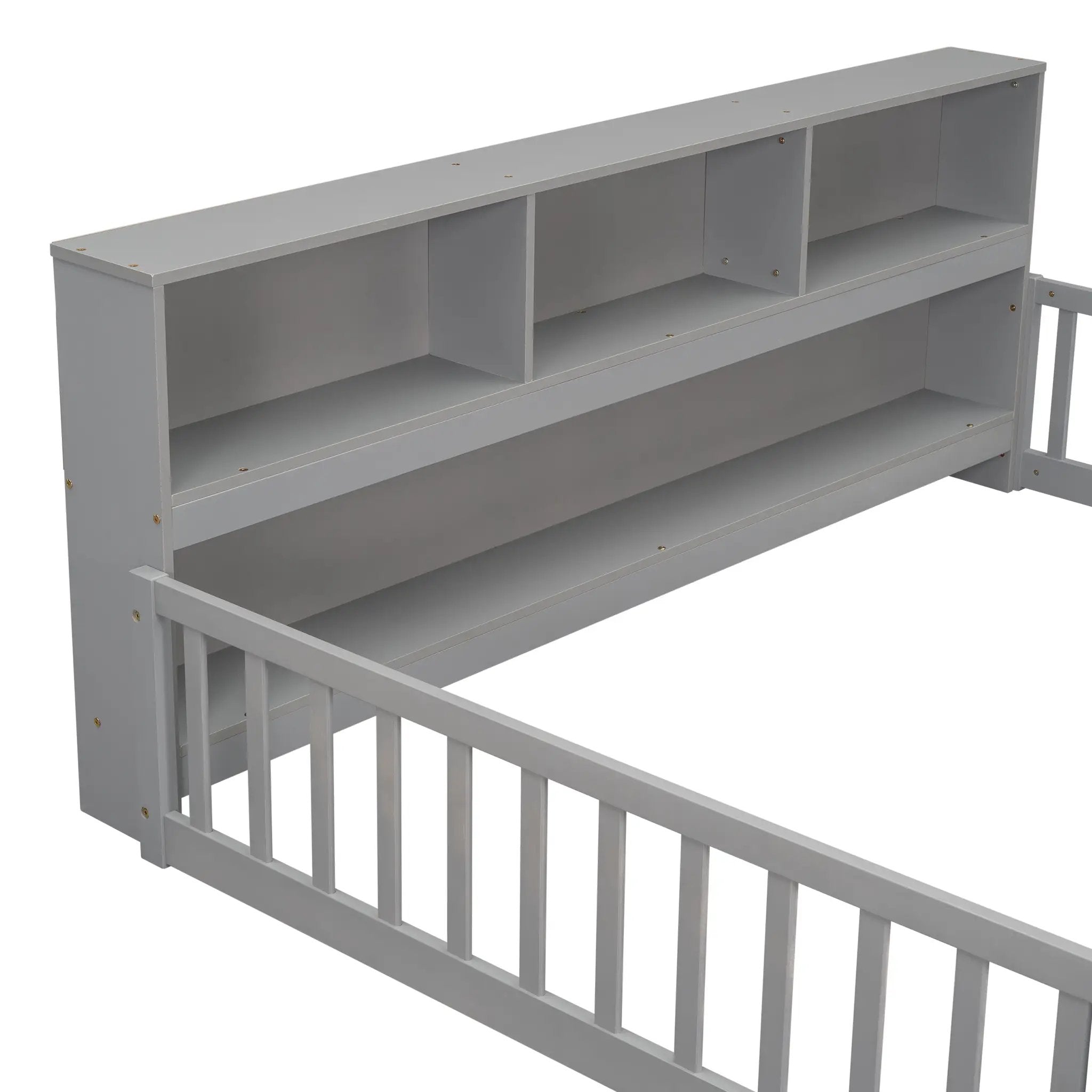 Full Floor Bed with Side Bookcase, Shelves, Guardrails by HouseOfZazla