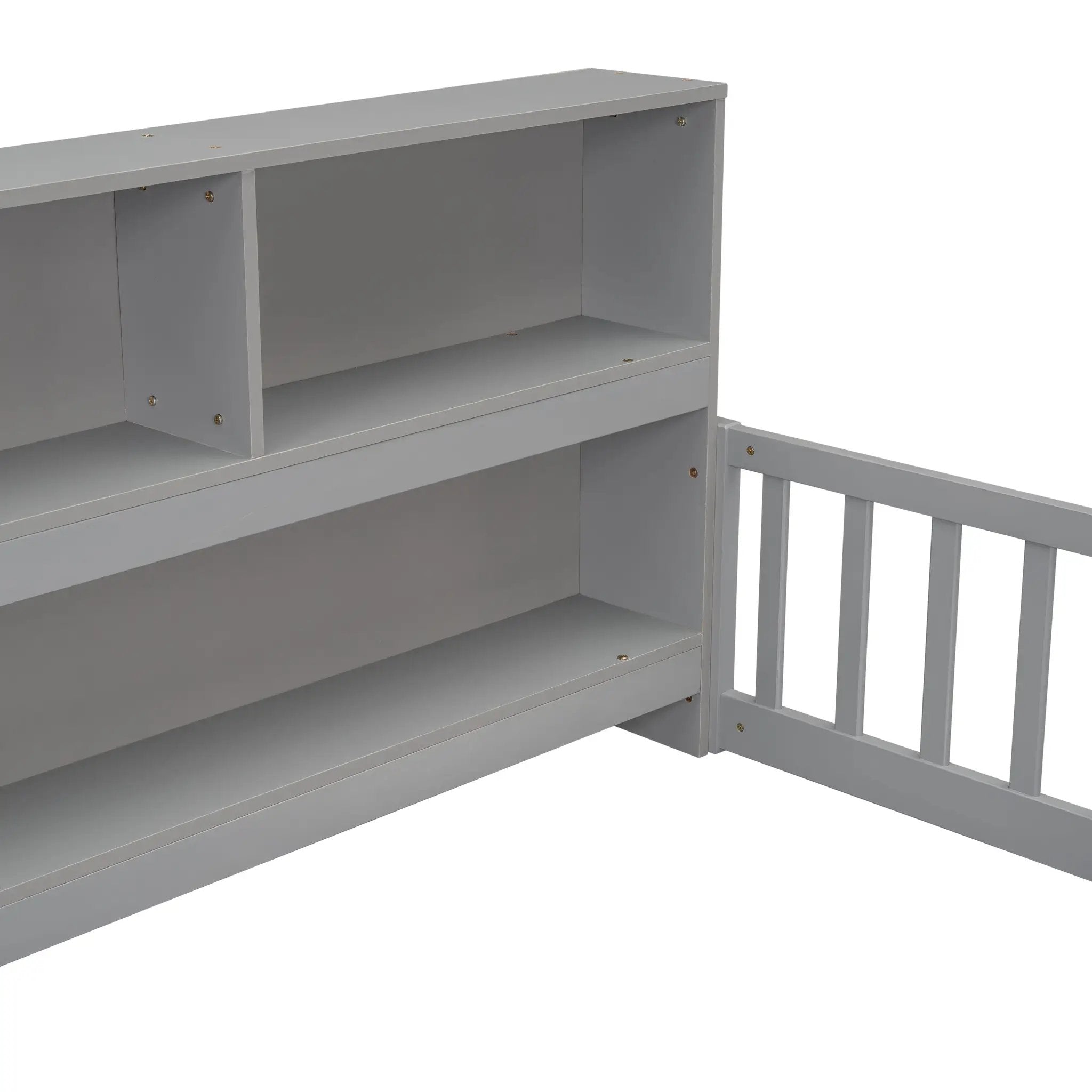 Full Floor Bed with Side Bookcase, Shelves, Guardrails by HouseOfZazla
