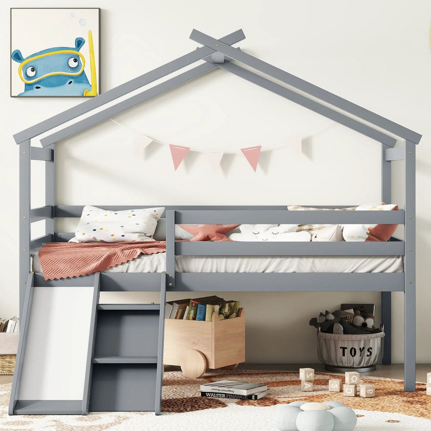 Twin Low Loft House Bed with Slide by HouseOfZazla
