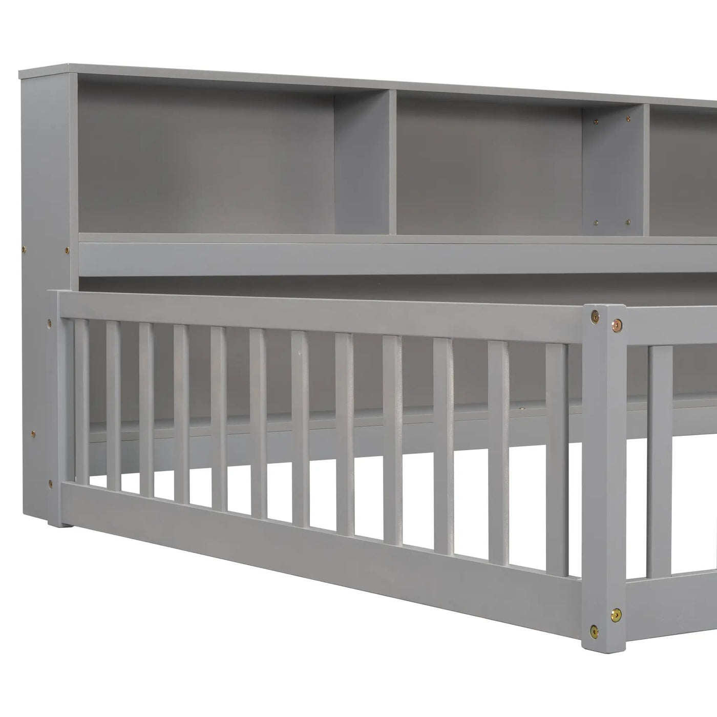 Full Floor Bed with Side Bookcase, Shelves, Guardrails by HouseOfZazla