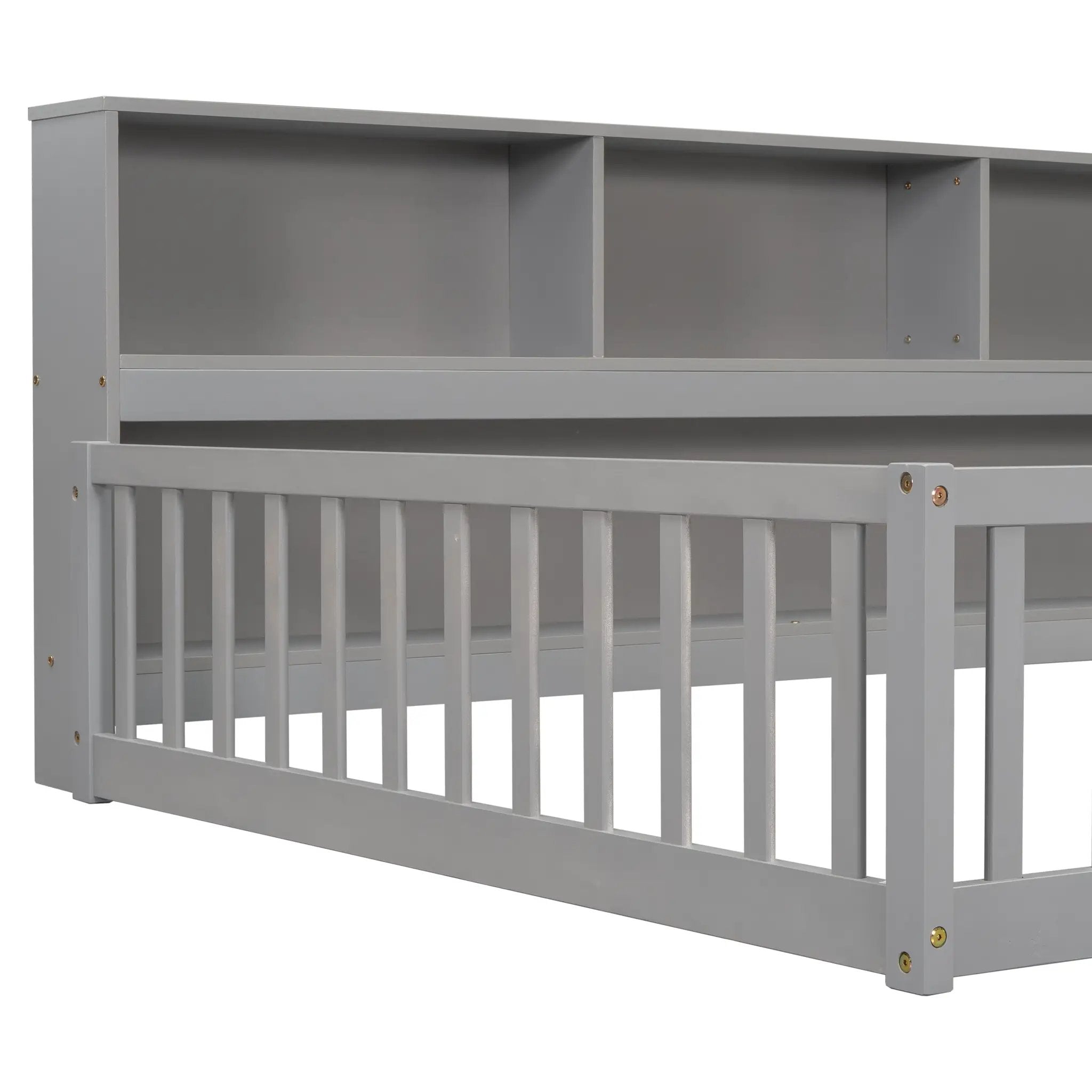 Full Floor Bed with Side Bookcase, Shelves, Guardrails by HouseOfZazla