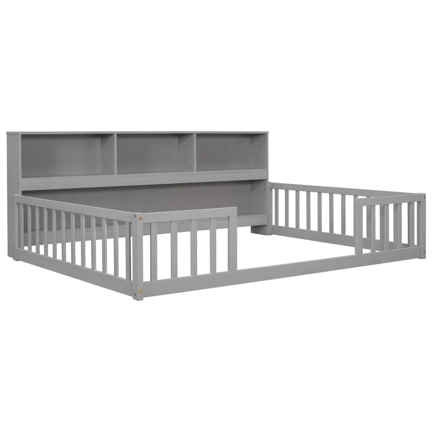 Full Floor Bed with Side Bookcase, Shelves, Guardrails by HouseOfZazla