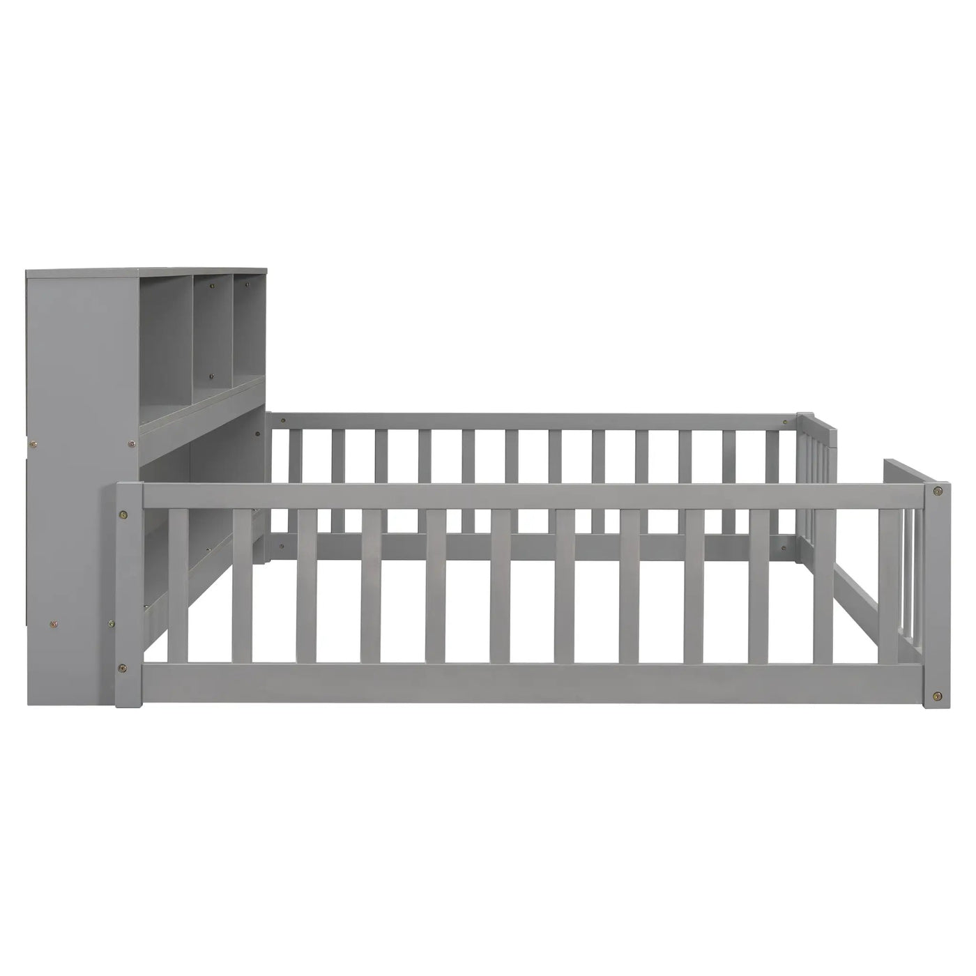 Full Floor Bed with Side Bookcase, Shelves, Guardrails by HouseOfZazla