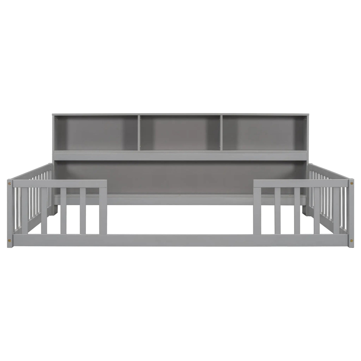 Full Floor Bed with Side Bookcase, Shelves, Guardrails by HouseOfZazla